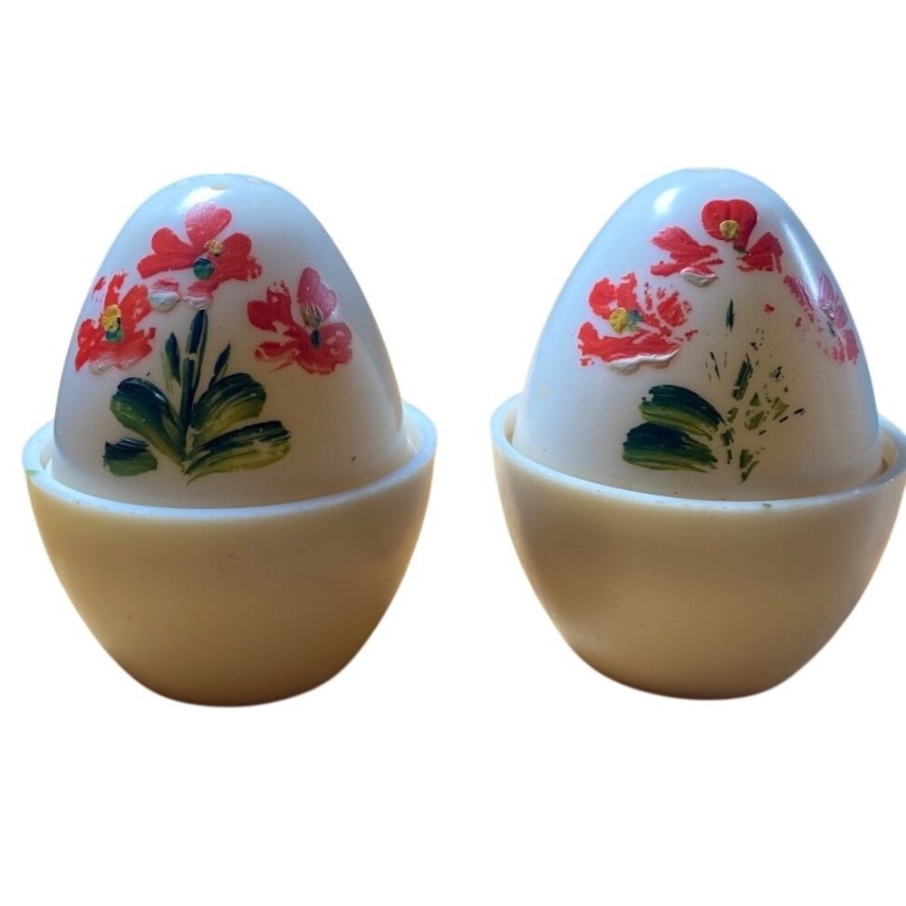 Vintage Emmell Plastic Egg-Shaped Salt & Pepper Shakers With Floral Design